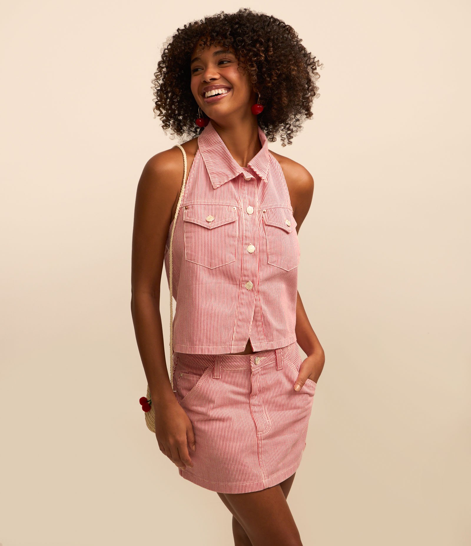 Saia Curta em Sarja Listrada Vermelho 2