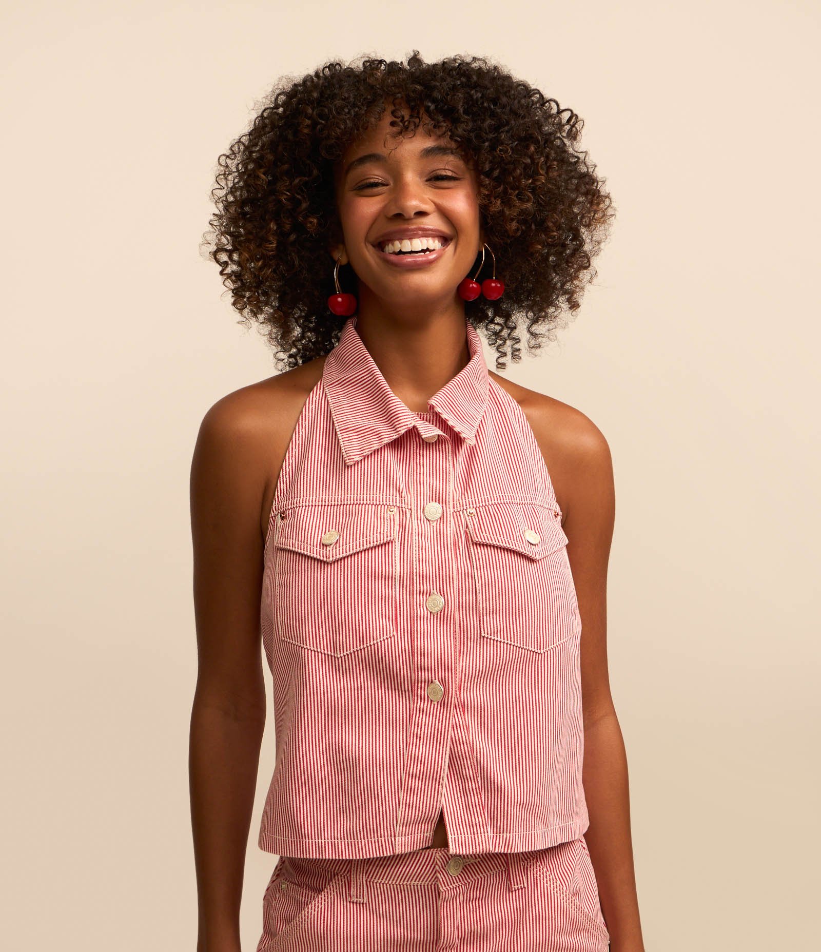 Top Frente Única em Sarja Listrada com Botões e Bolsos Vermelho 1