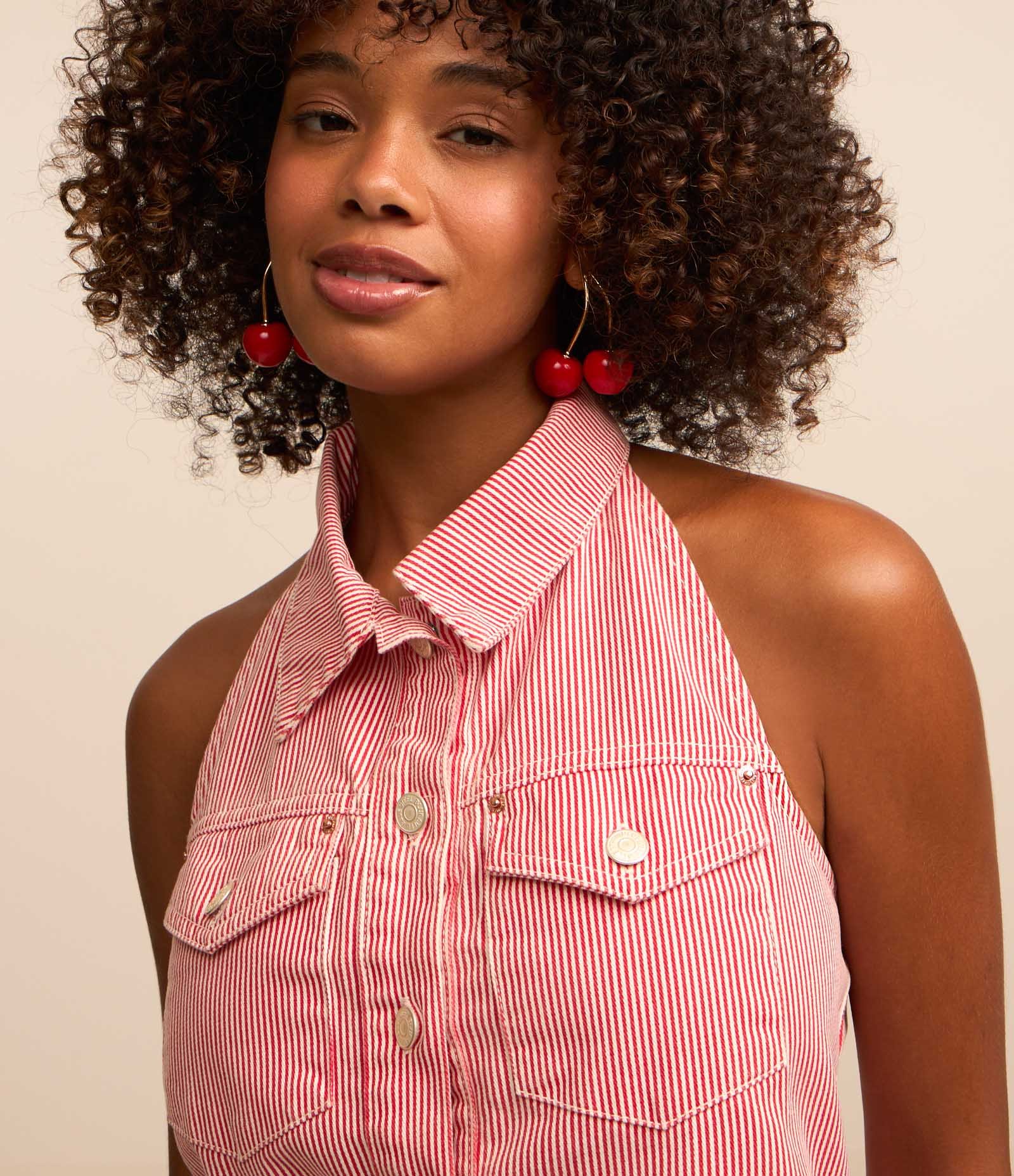 Top Frente Única em Sarja Listrada com Botões e Bolsos Vermelho 3