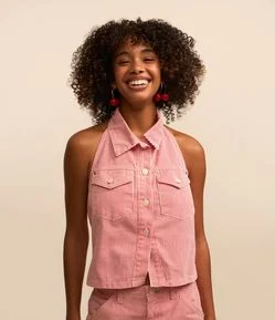 Top Frente Única em Sarja Listrada com Botões e Bolsos