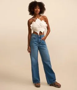 Calça Wide em Jeans Cós com Passante