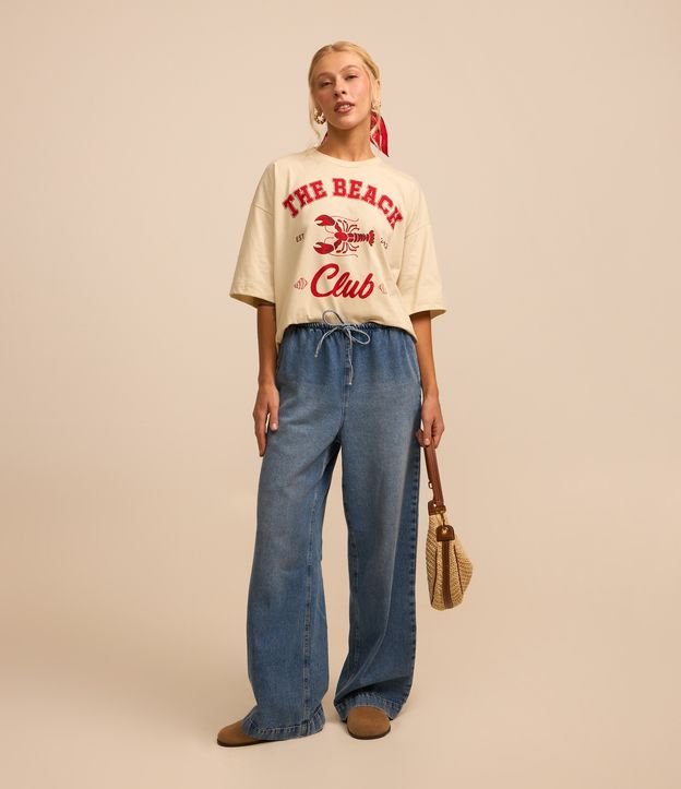 Calça Wide Leg em Jeans com Cós Elástico