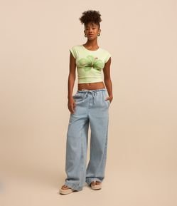 Calça Wide em Jeans com Cós Elástico