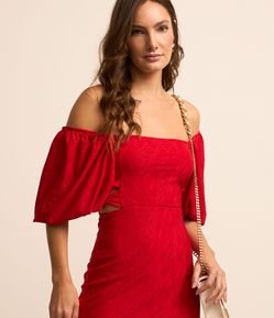 Vestido Evasê Manga Bufante em Laise com Flores Texturizadas