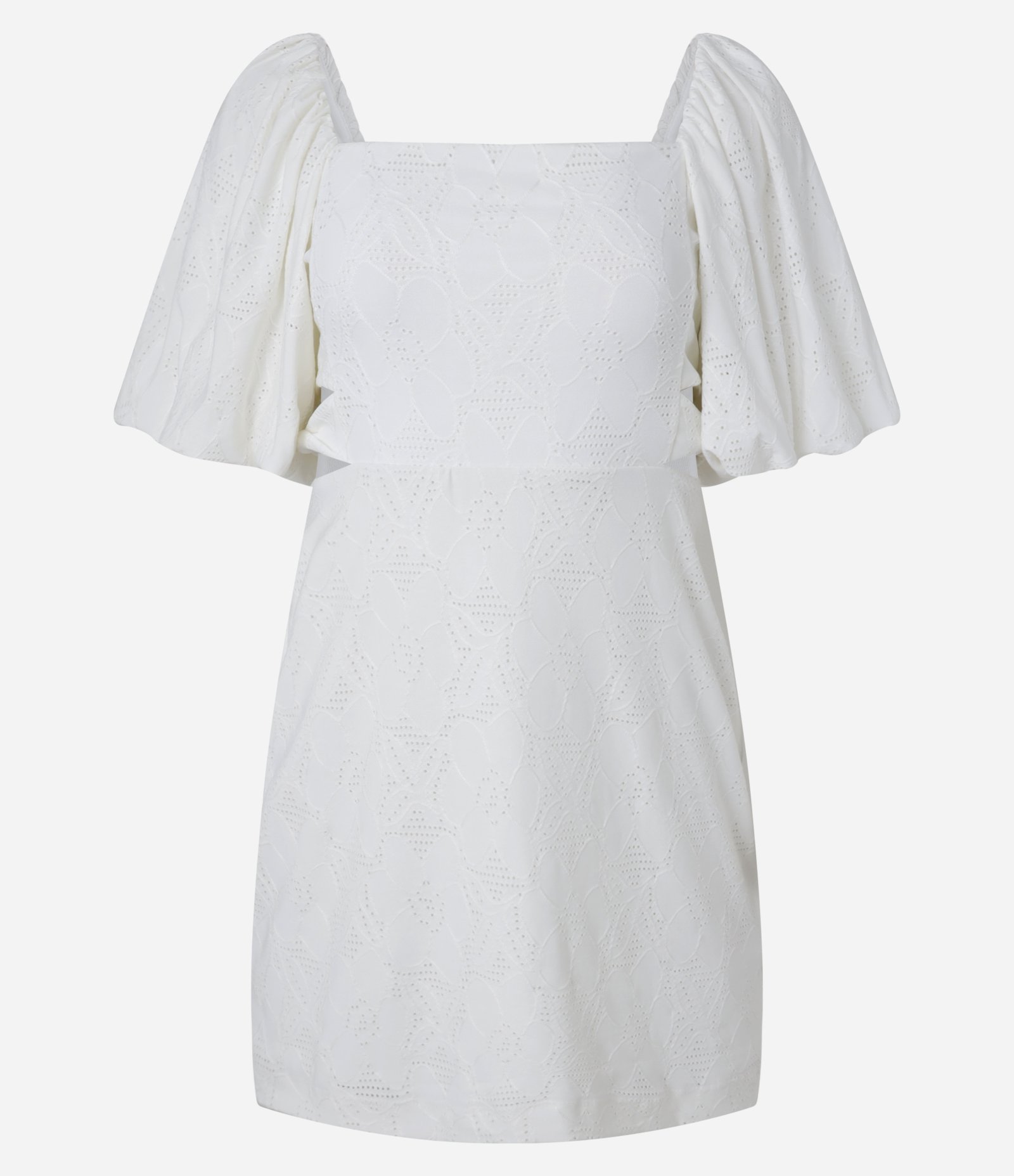 Vestido Evasê Manga Bufante em Laise com Flores Texturizadas Branco 1