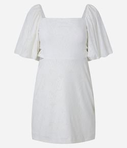 Vestido Evasê Manga Bufante em Laise com Flores Texturizadas