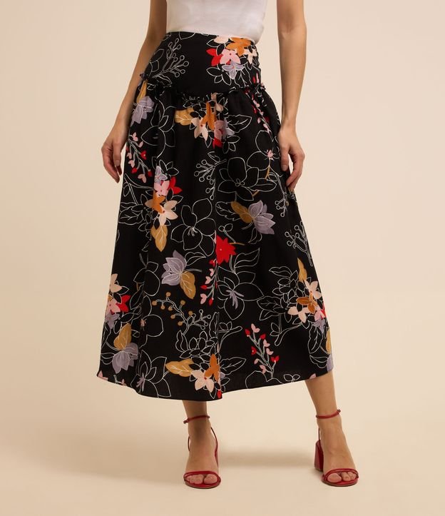 Saia Evasê Midi em Tricoline com Frufru e Flores Estampadas