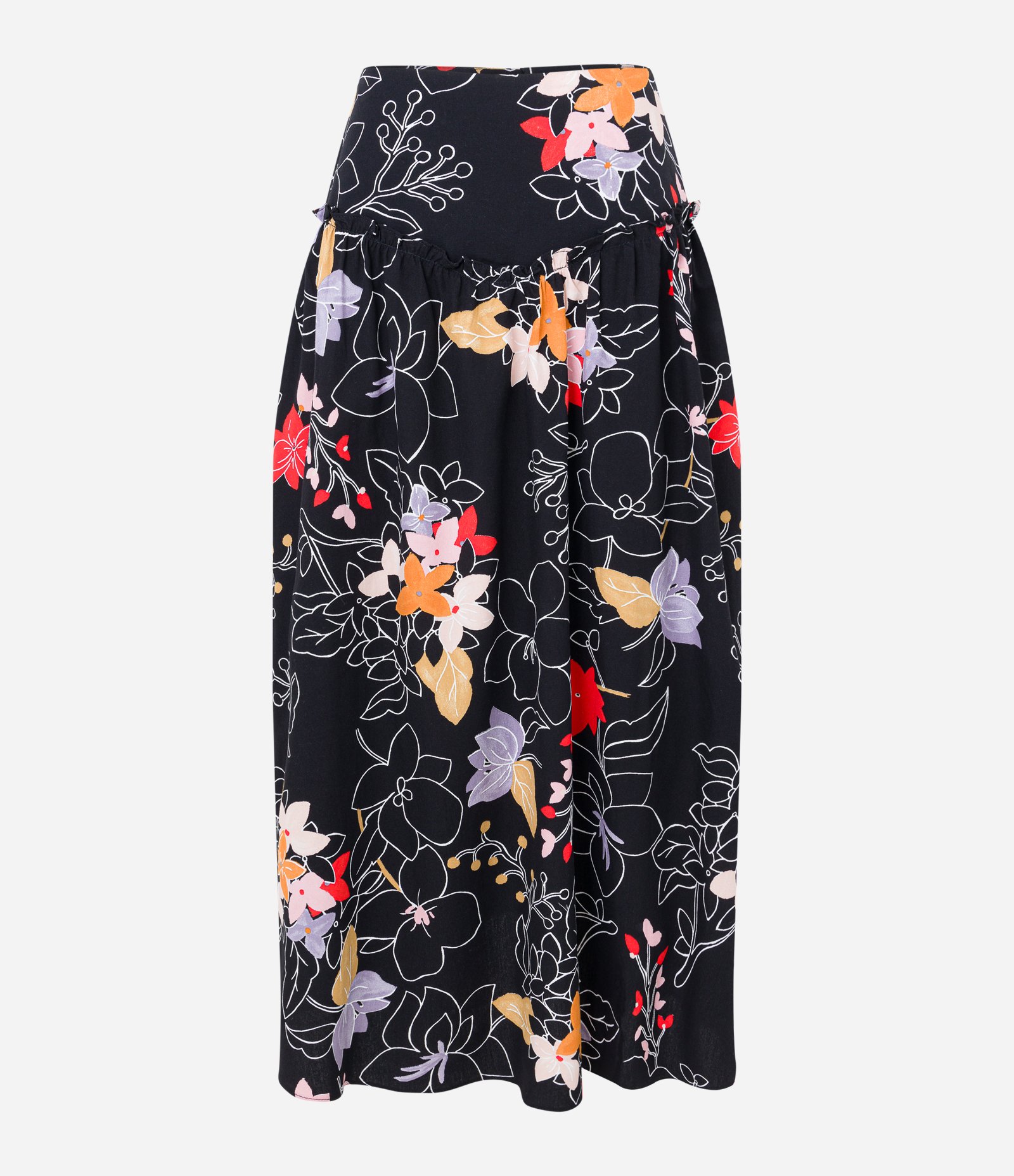 Saia Evasê Midi em Tricoline com Frufru e Flores Estampadas Preto 6