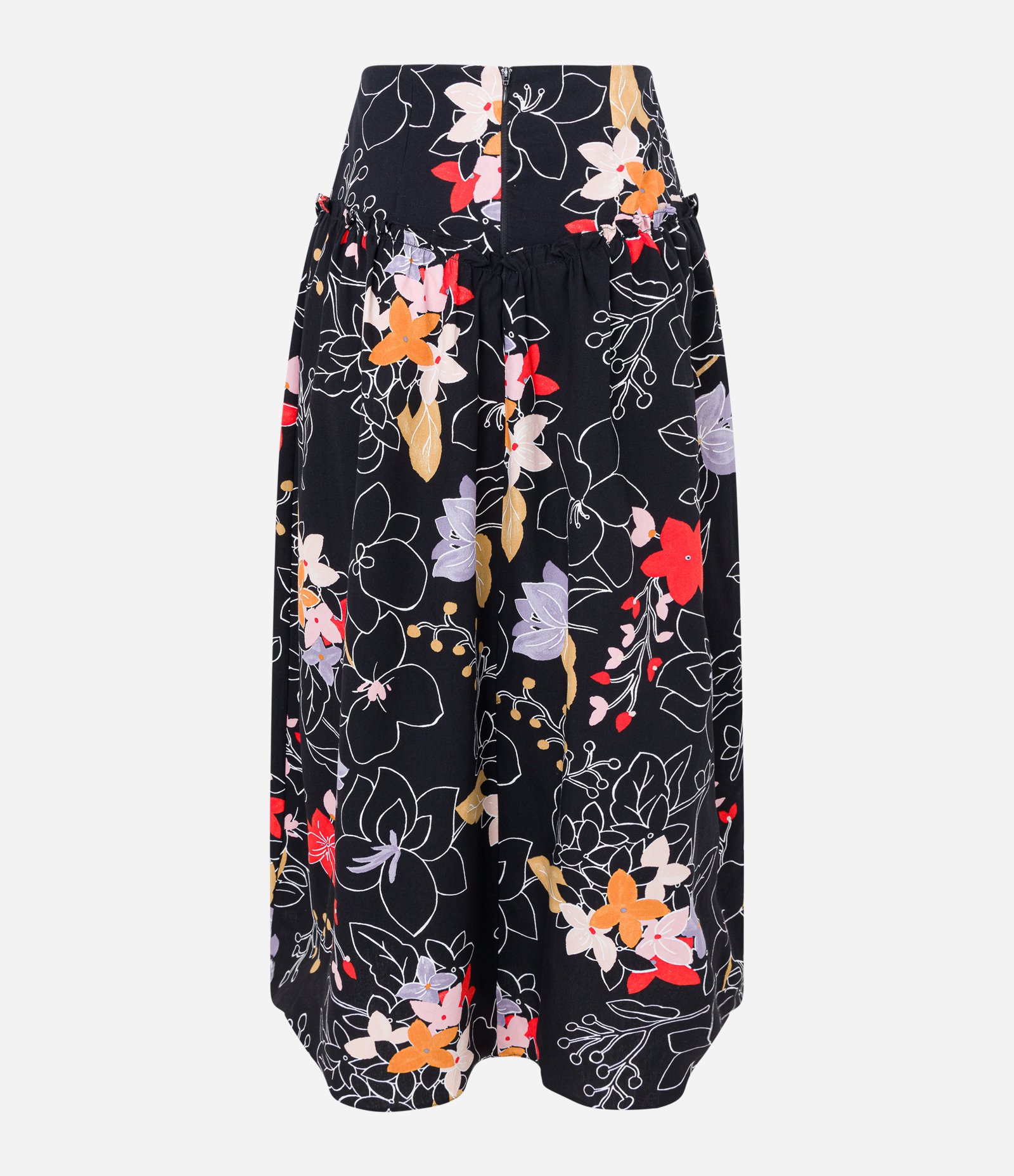Saia Evasê Midi em Tricoline com Frufru e Flores Estampadas Preto 8