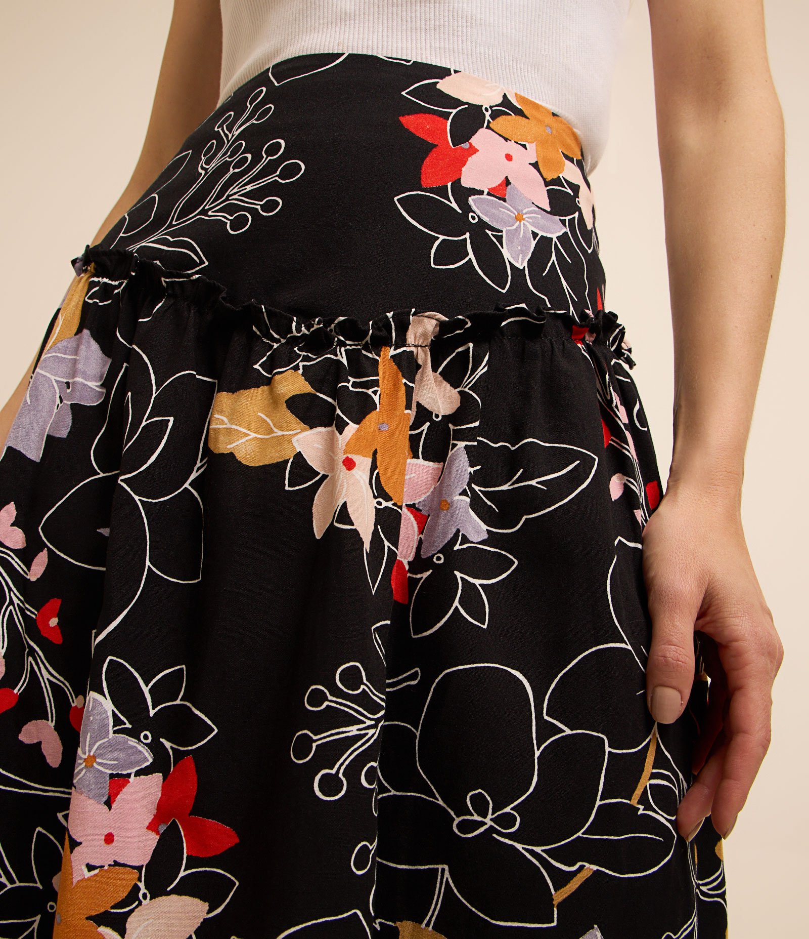 Saia Evasê Midi em Tricoline com Frufru e Flores Estampadas Preto 4