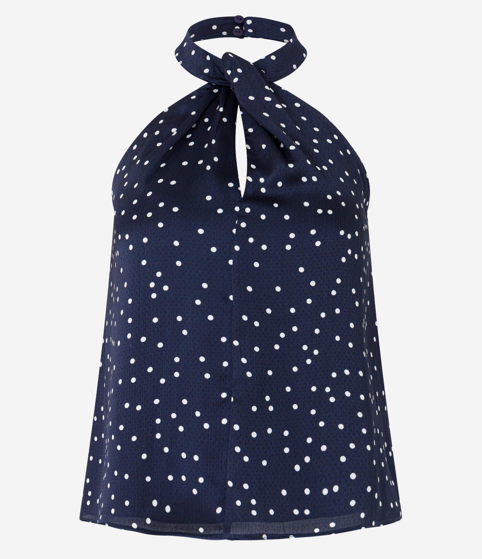 Blusa Frente Única em Tecido Acetinado com Gola Torcida e Estampa Poá Azul Marinho 5