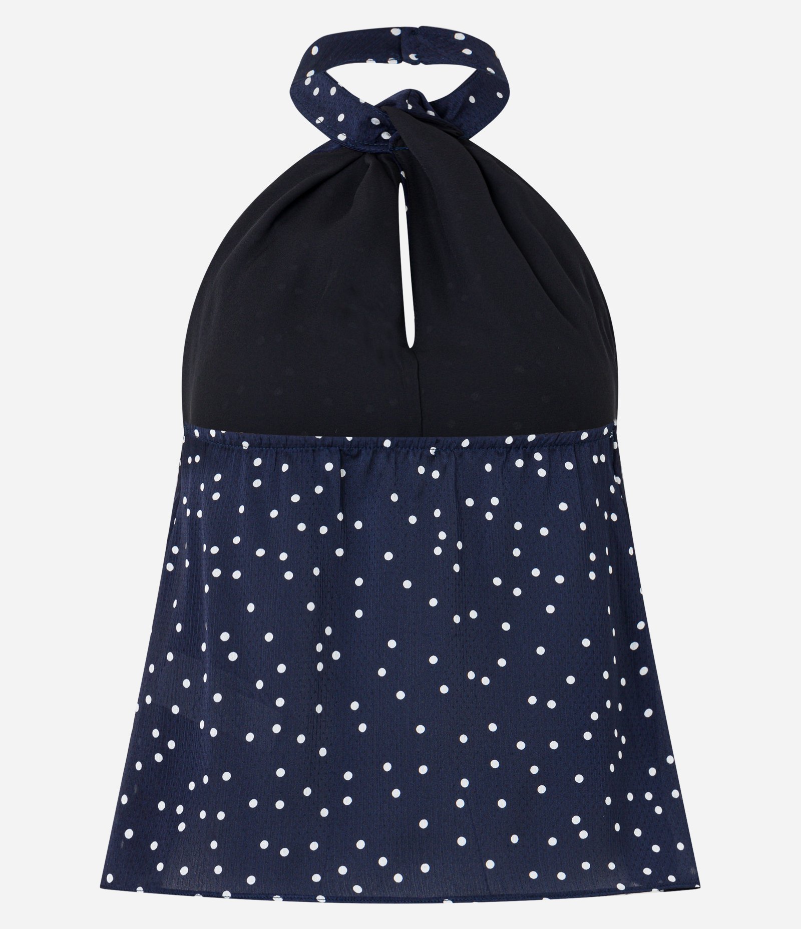 Blusa Frente Única em Tecido Acetinado com Gola Torcida e Estampa Poá Azul Marinho 6