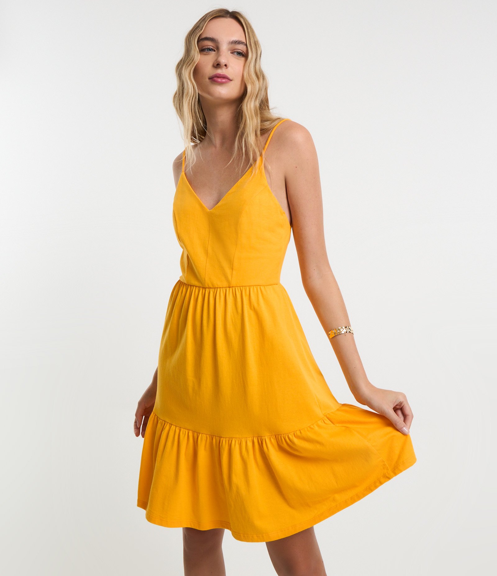 Vestido Curto em Algodão com Recorte e Alcinhas Finas Amarelo 3