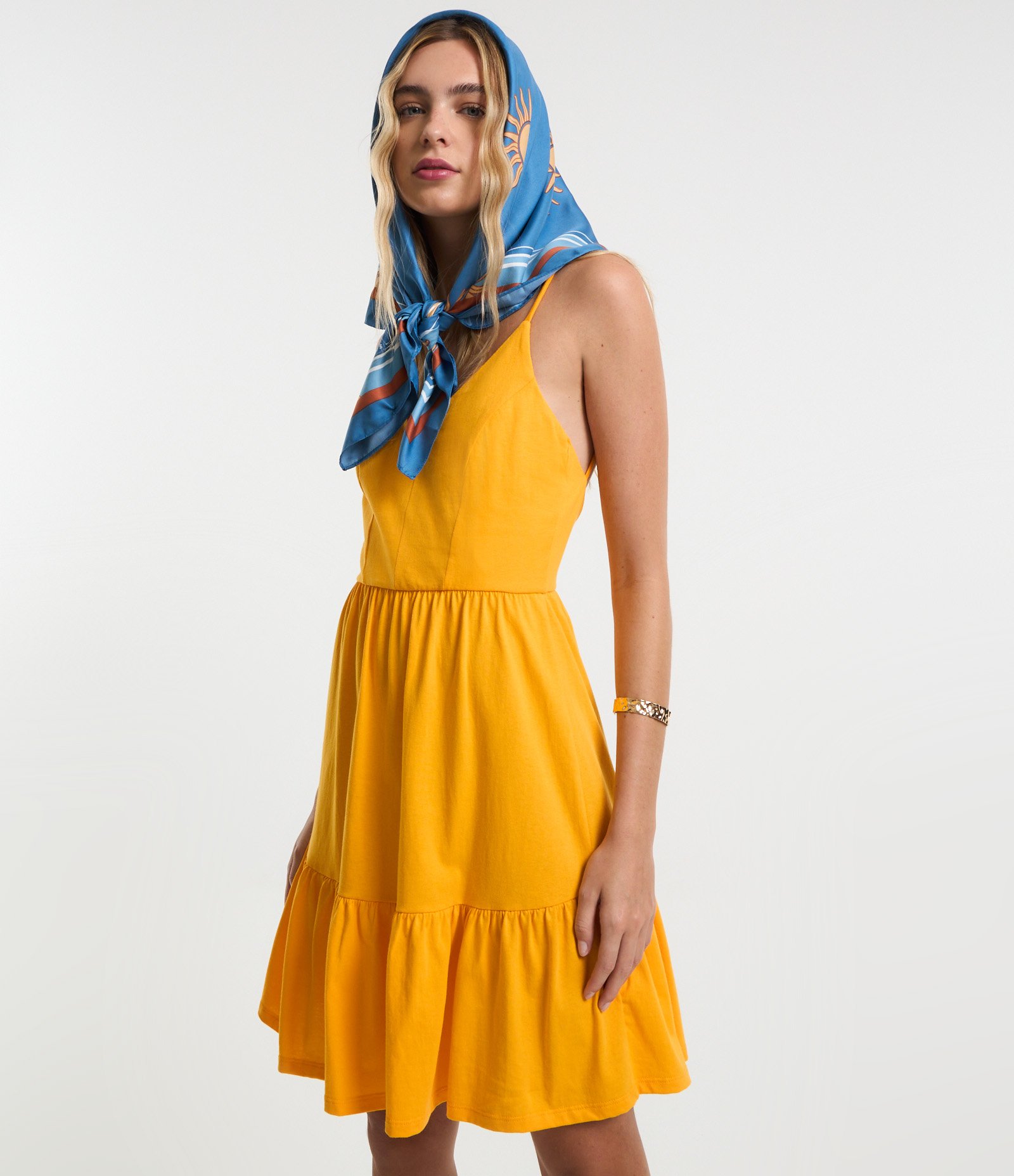 Vestido Curto em Algodão com Recorte e Alcinhas Finas Amarelo 5