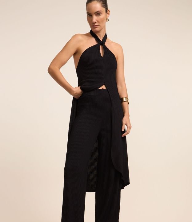 Calça Wide Leg Canelada com Elástico na Cintura