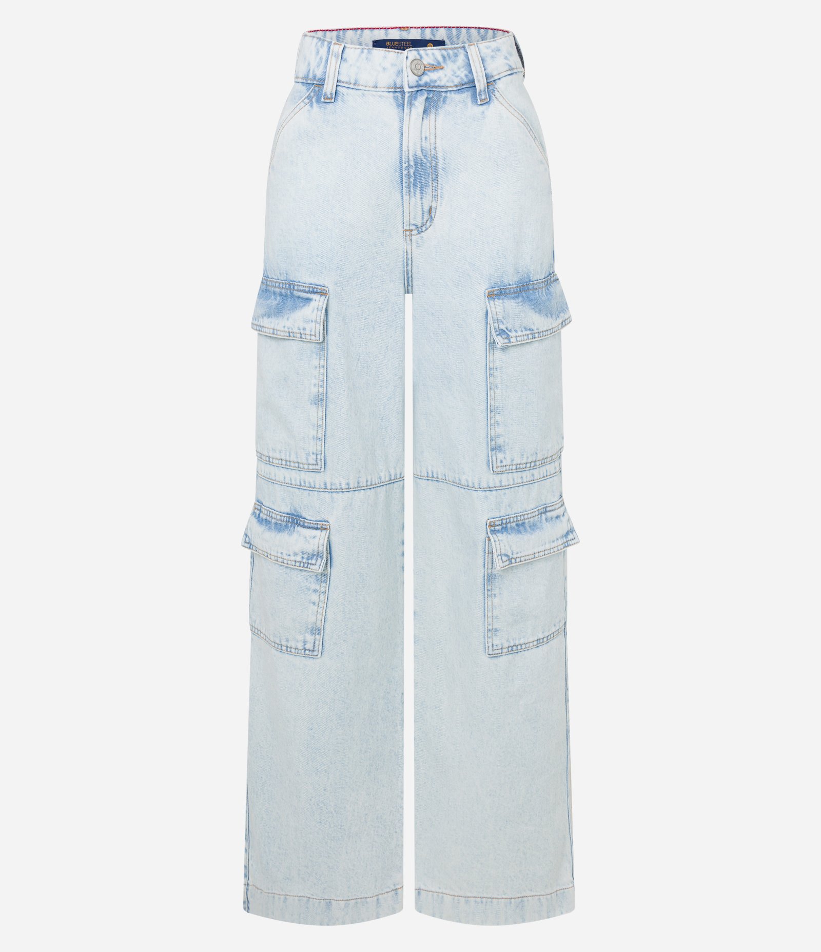 Calça Wide Leg Jeans com Cintura Alta e Bolsos Cargos Azul Claro 5