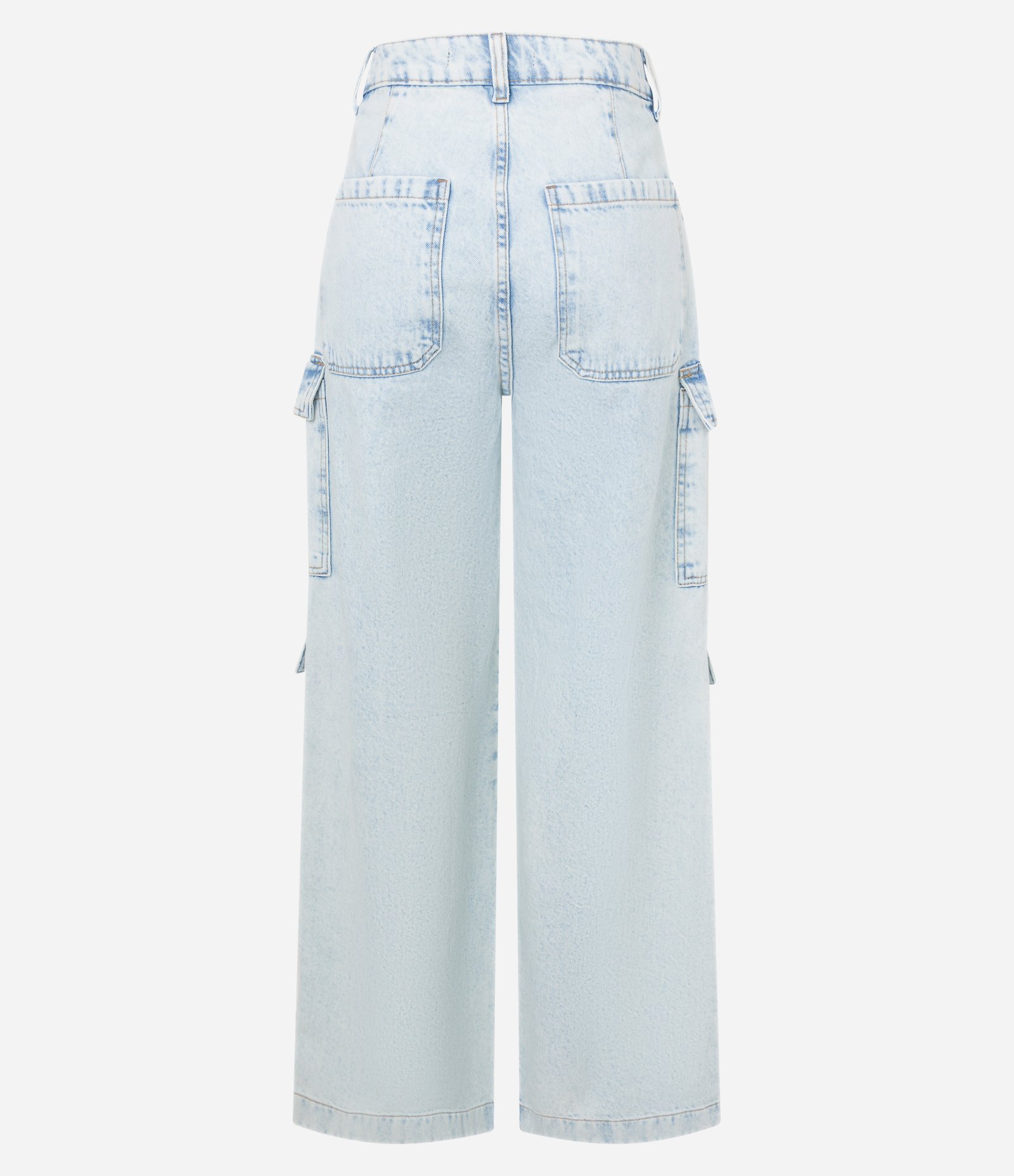 Calça Wide Leg Jeans com Cintura Alta e Bolsos Cargos Azul Claro 6