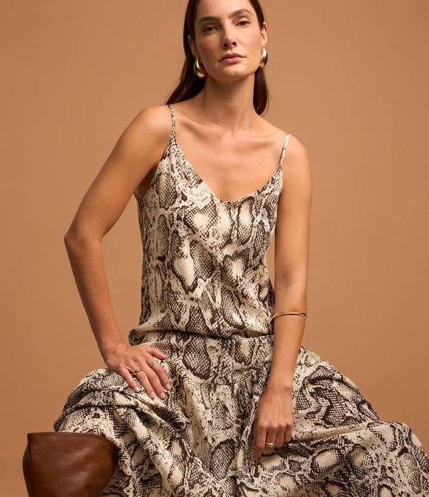 Vestido Longo de Alça em Crepe com Estampa de Serpente