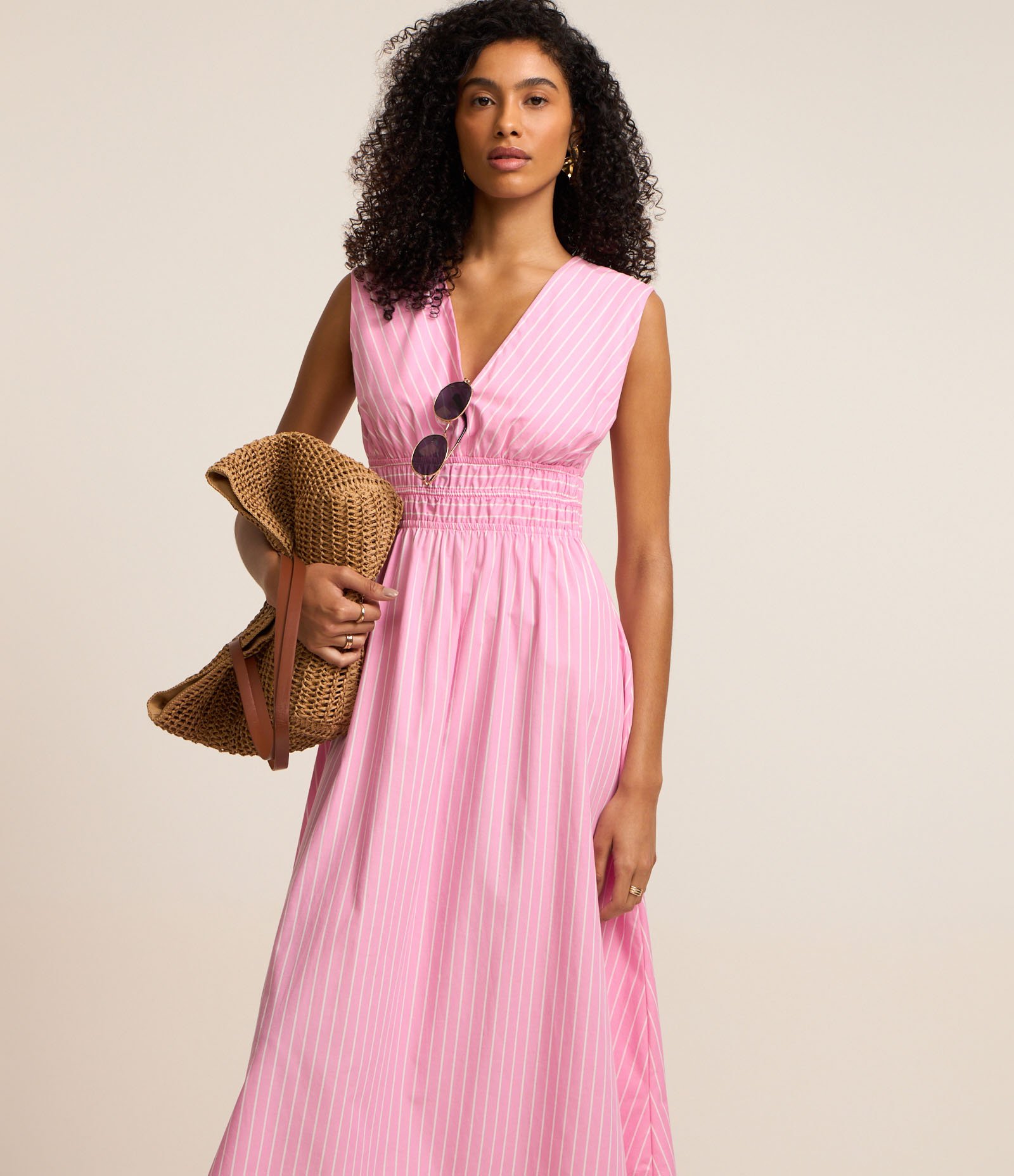 Vestido Reto Midi em Tricoline Listrado com Fio Tinto Rosa 2