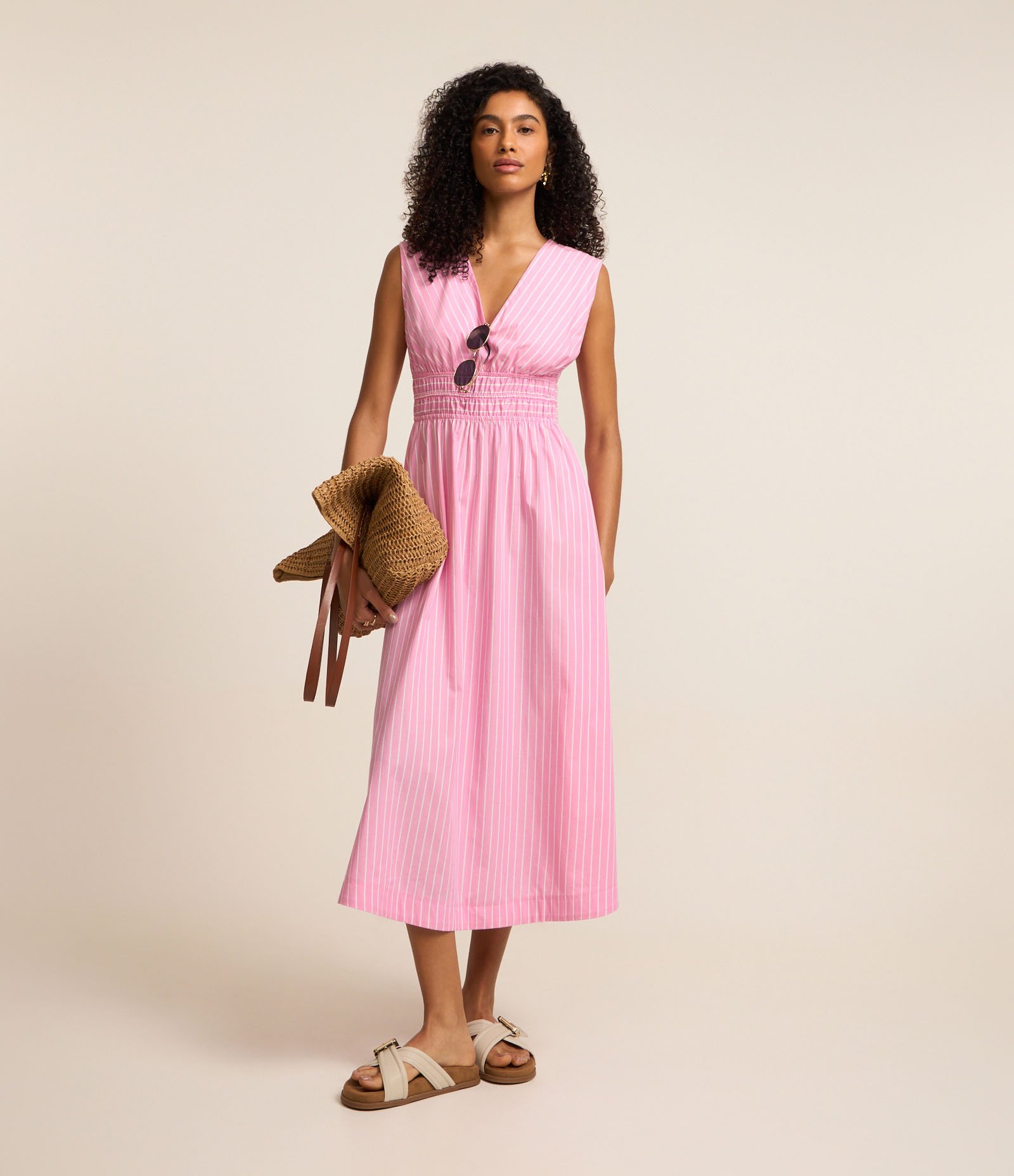 Vestido Reto Midi em Tricoline Listrado com Fio Tinto Rosa 3