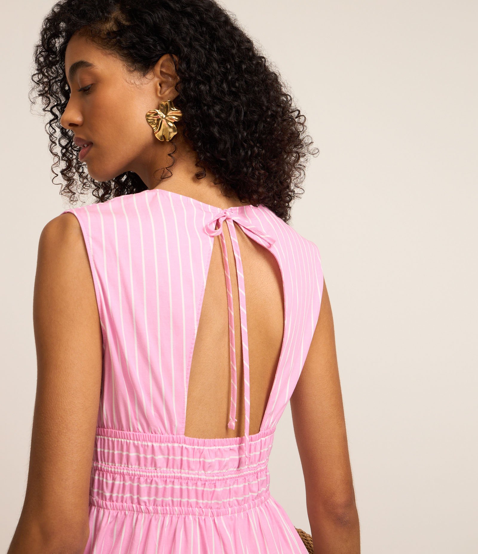 Vestido Reto Midi em Tricoline Listrado com Fio Tinto Rosa 4