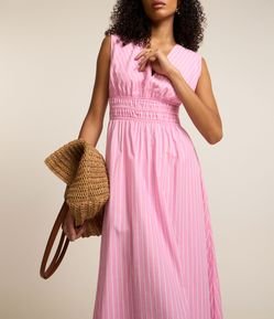 Vestido Reto Midi em Tricoline Listrado com Fio Tinto