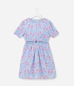 Vestido Infantil com Estampa de Borboleta e Detalhe na Cintura -Tam 5 a 14