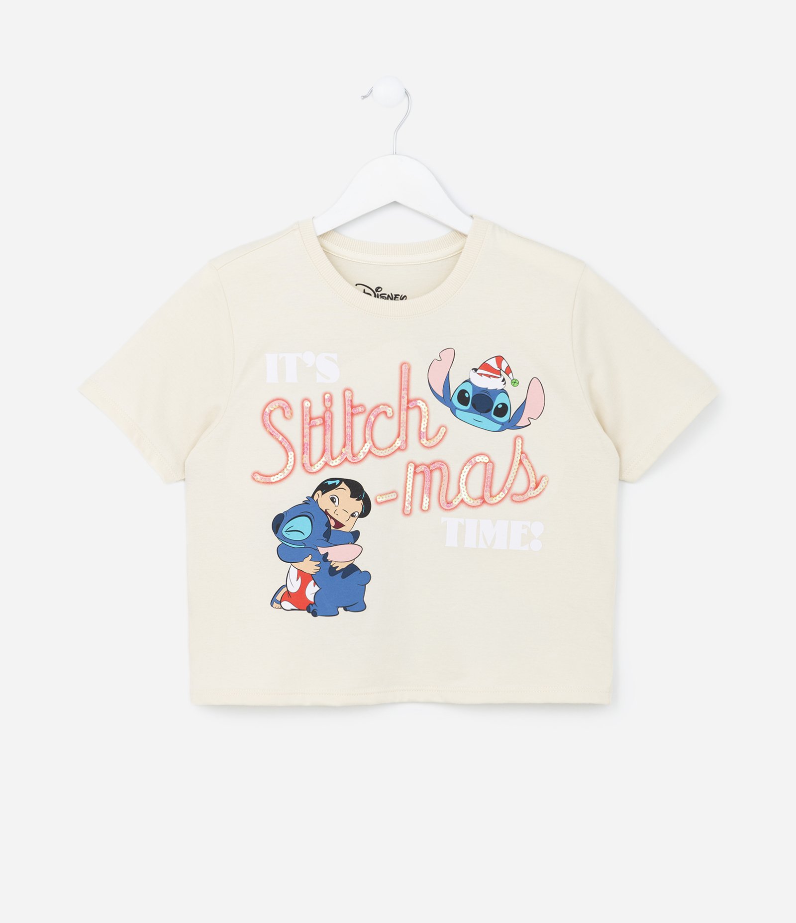 Camiseta Curta Infantil com Estampa Lilo e Stitch de Natal - Tam 5 a 14 Anos Bege 1