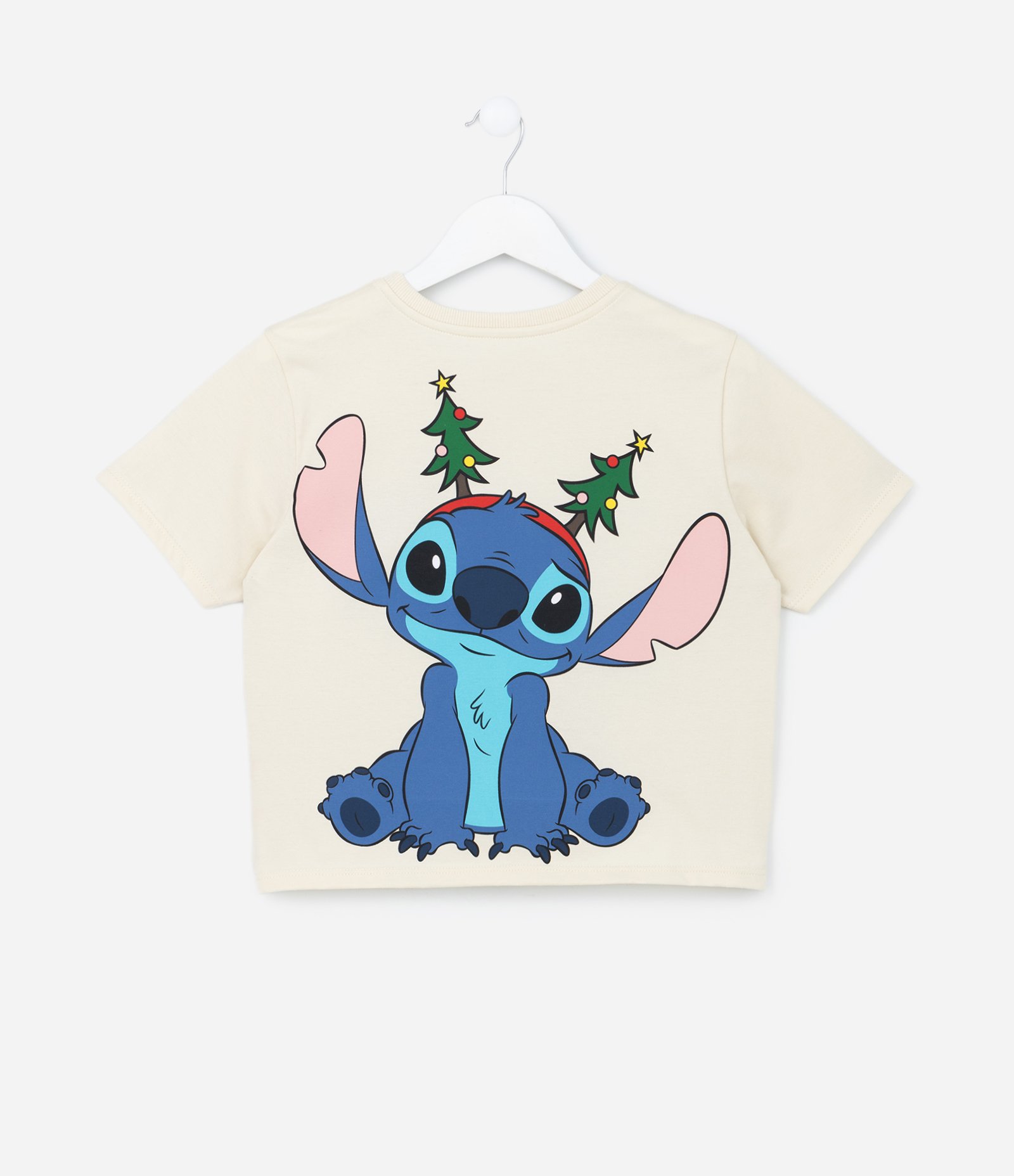 Camiseta Curta Infantil com Estampa Lilo e Stitch de Natal - Tam 5 a 14 Anos Bege 2