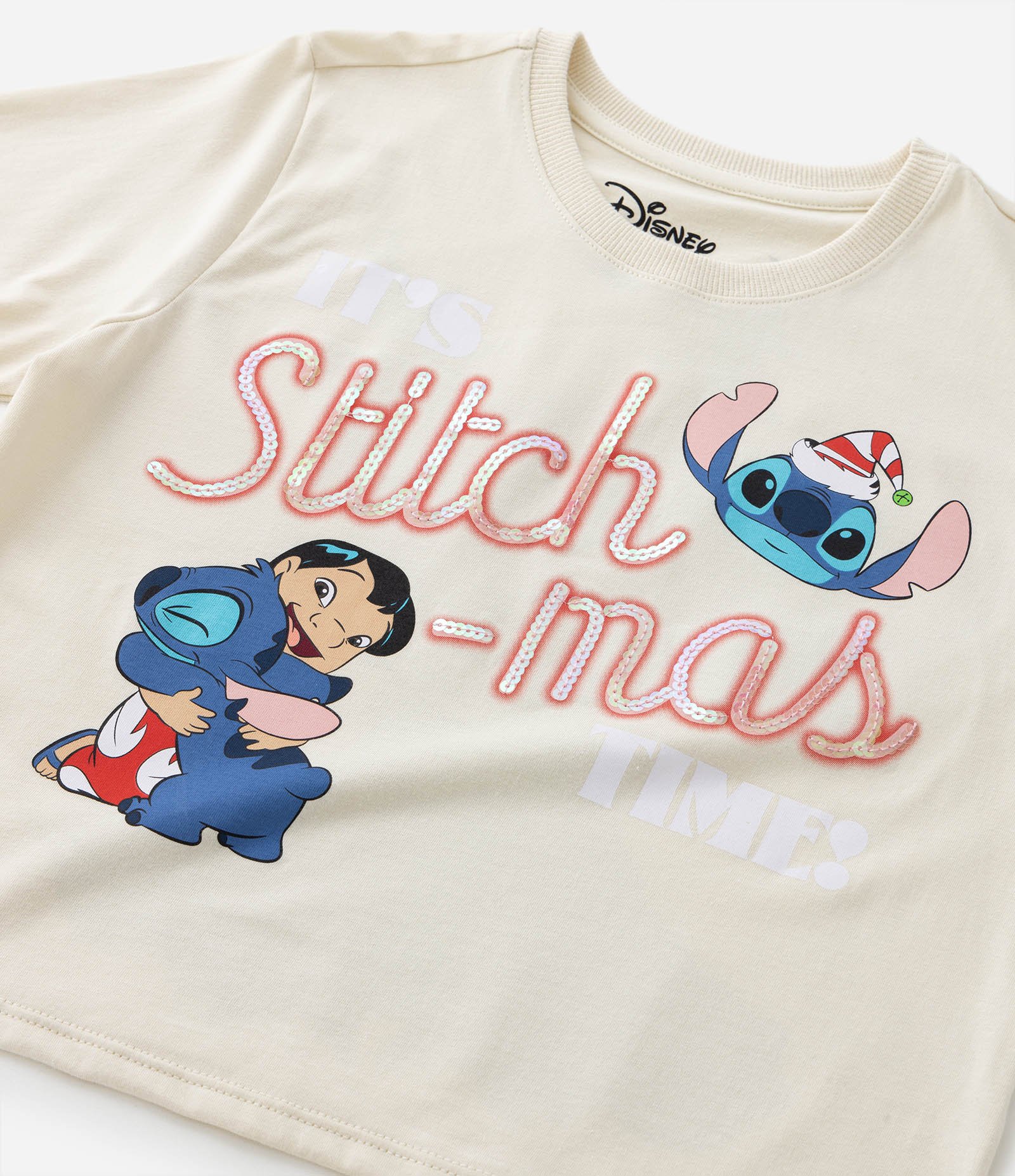 Camiseta Curta Infantil com Estampa Lilo e Stitch de Natal - Tam 5 a 14 Anos Bege 4