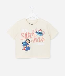 Camiseta Curta Infantil com Estampa Lilo e Stitch de Natal - Tam 5 a 14 Anos