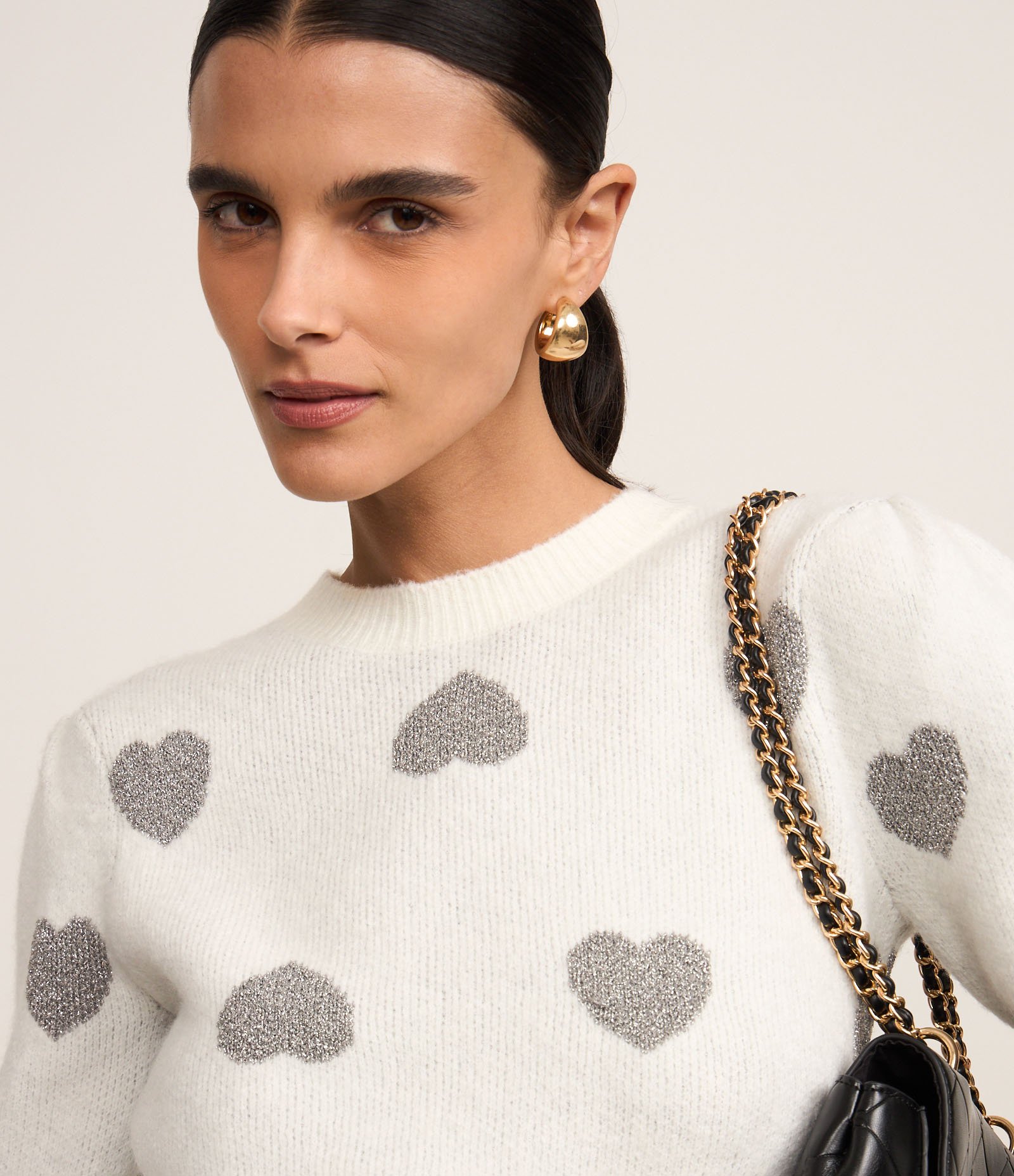 Suéter em Tricô com Corações Estampados e Punho Largo Branco 3