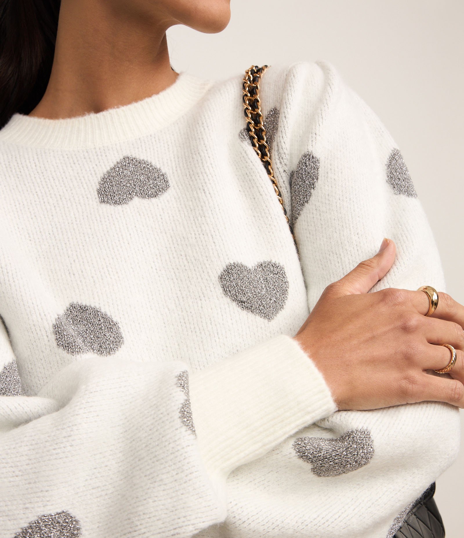 Suéter em Tricô com Corações Estampados e Punho Largo Branco 4