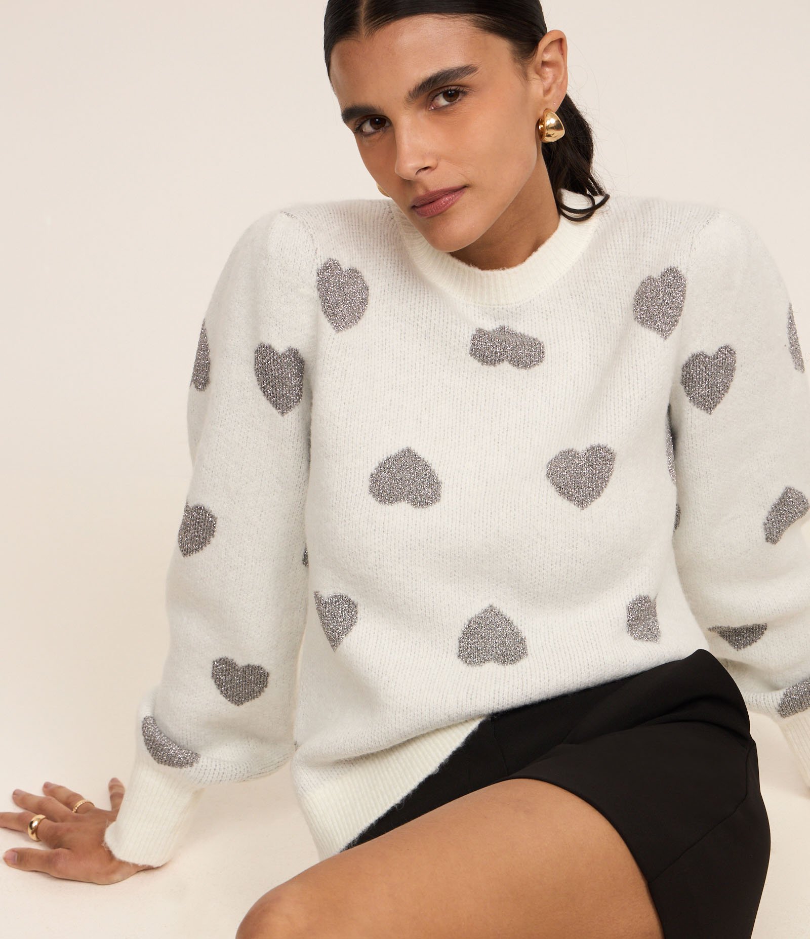 Suéter em Tricô com Corações Estampados e Punho Largo Branco 5
