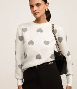 Suéter em Tricô com Corações Estampados e Punho Largo