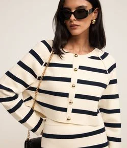 Cardigan em Tricô com Botões Metalizados e Estampa Listrada