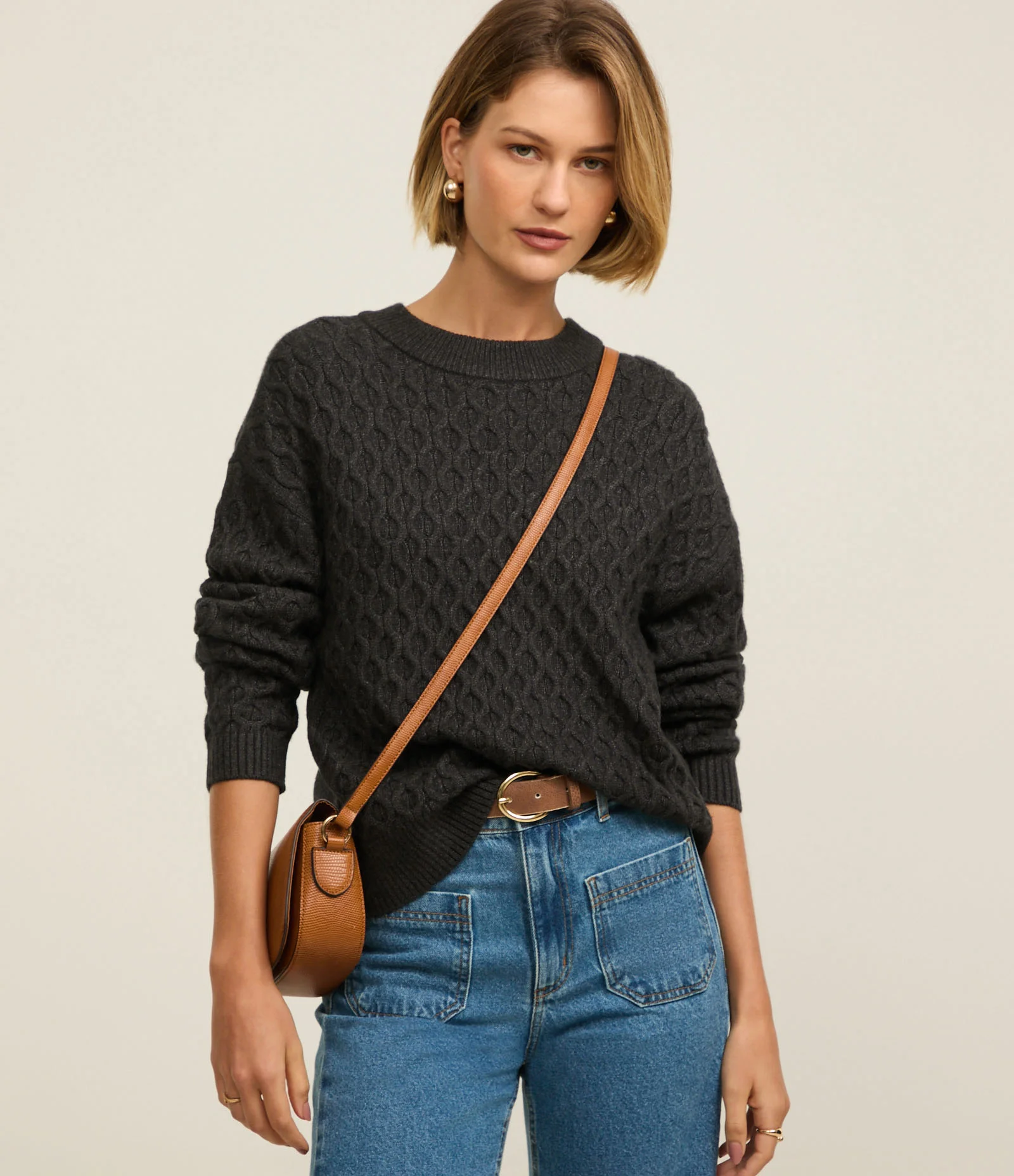 Suéter Manga Longa em Tricot com Textura Colmeia Cinza 1