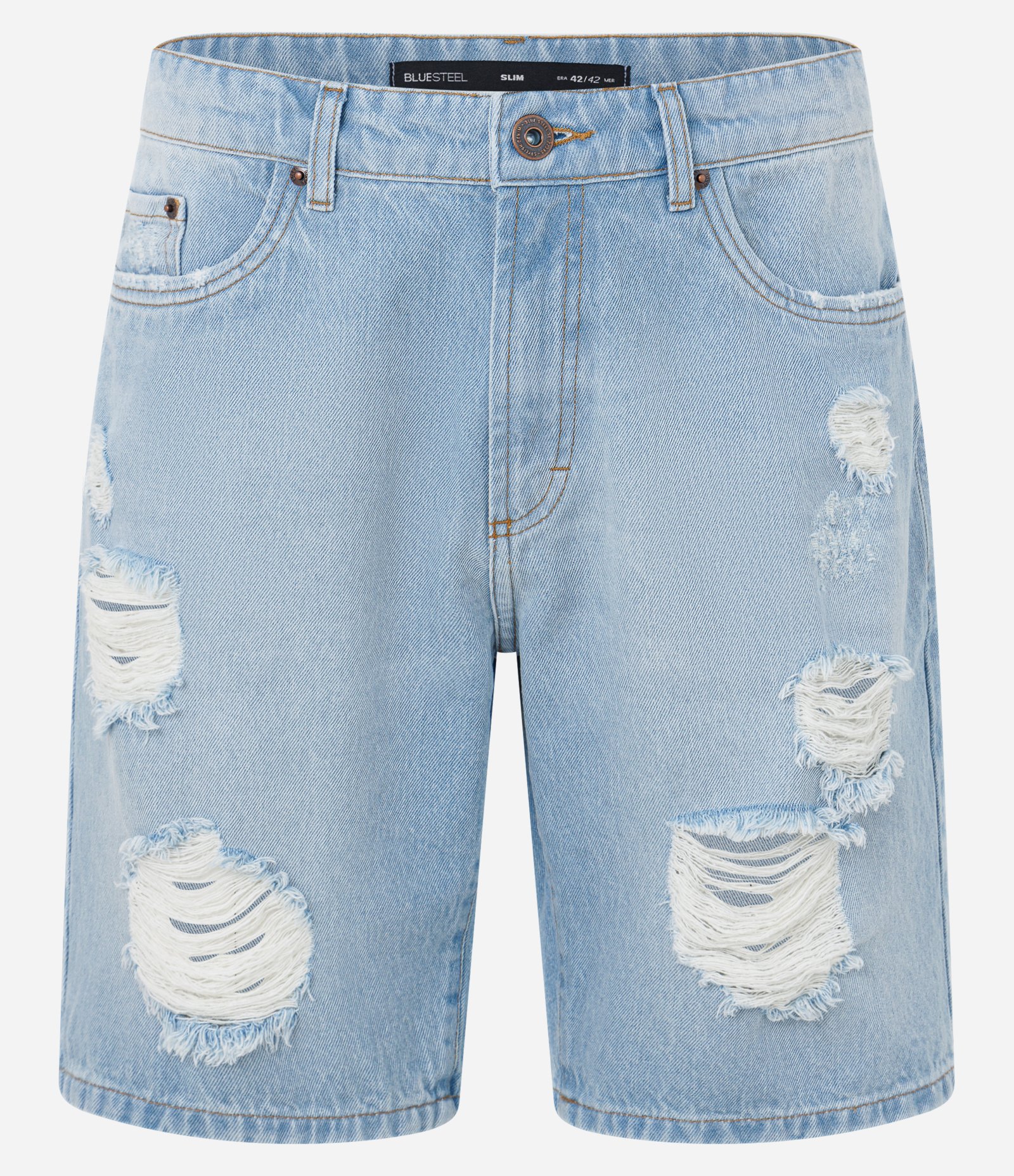 Bermuda Slim em Jeans Denim Destroyed e Barra a Fio Jeans Claro 5