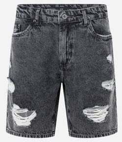 Bermuda Slim em Jeans Denim Destroyed e Barra a Fio