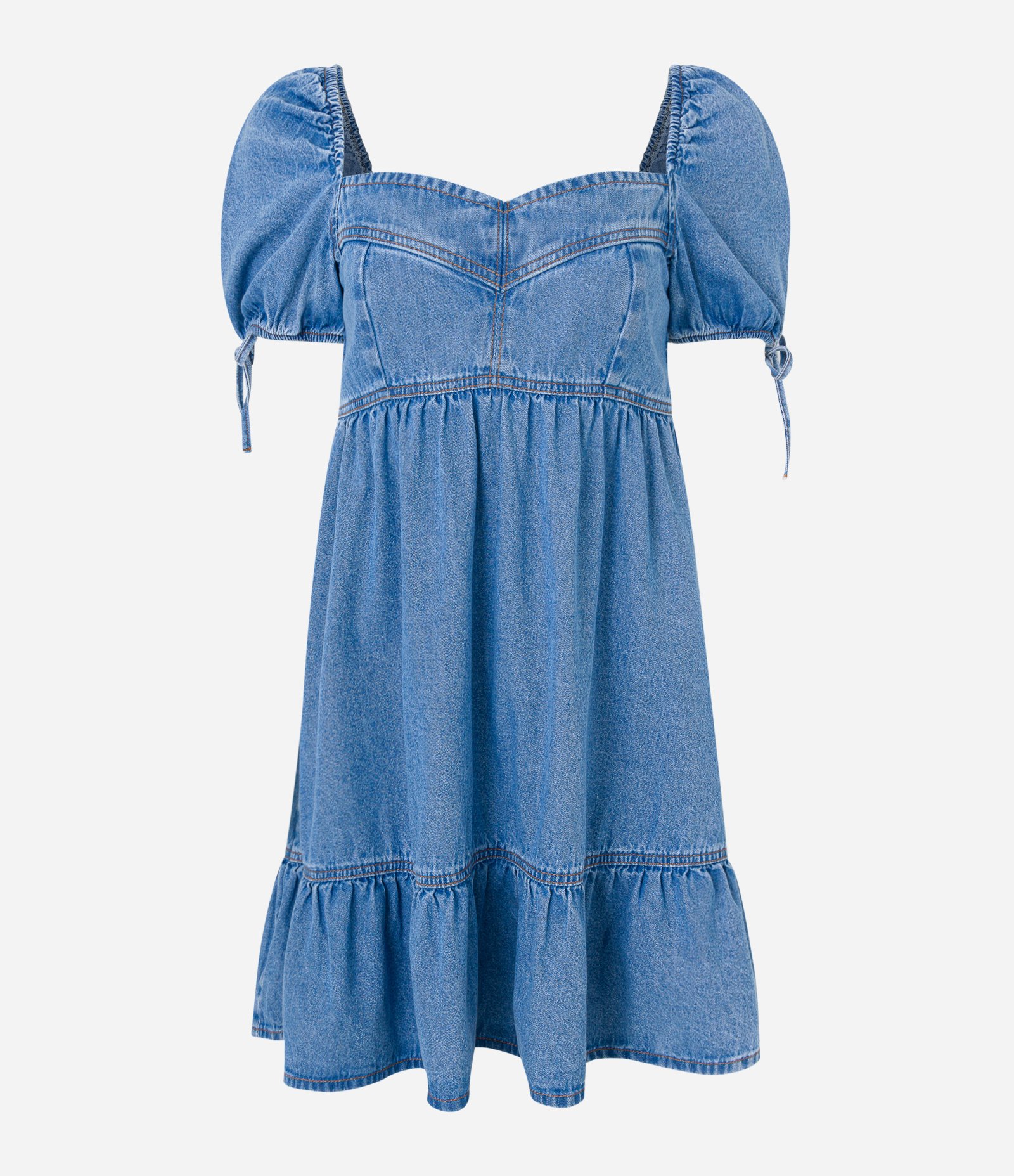 Vestido Curto em Jeans com Manga Bufantes e Babados na Barra Jeans Médio 5