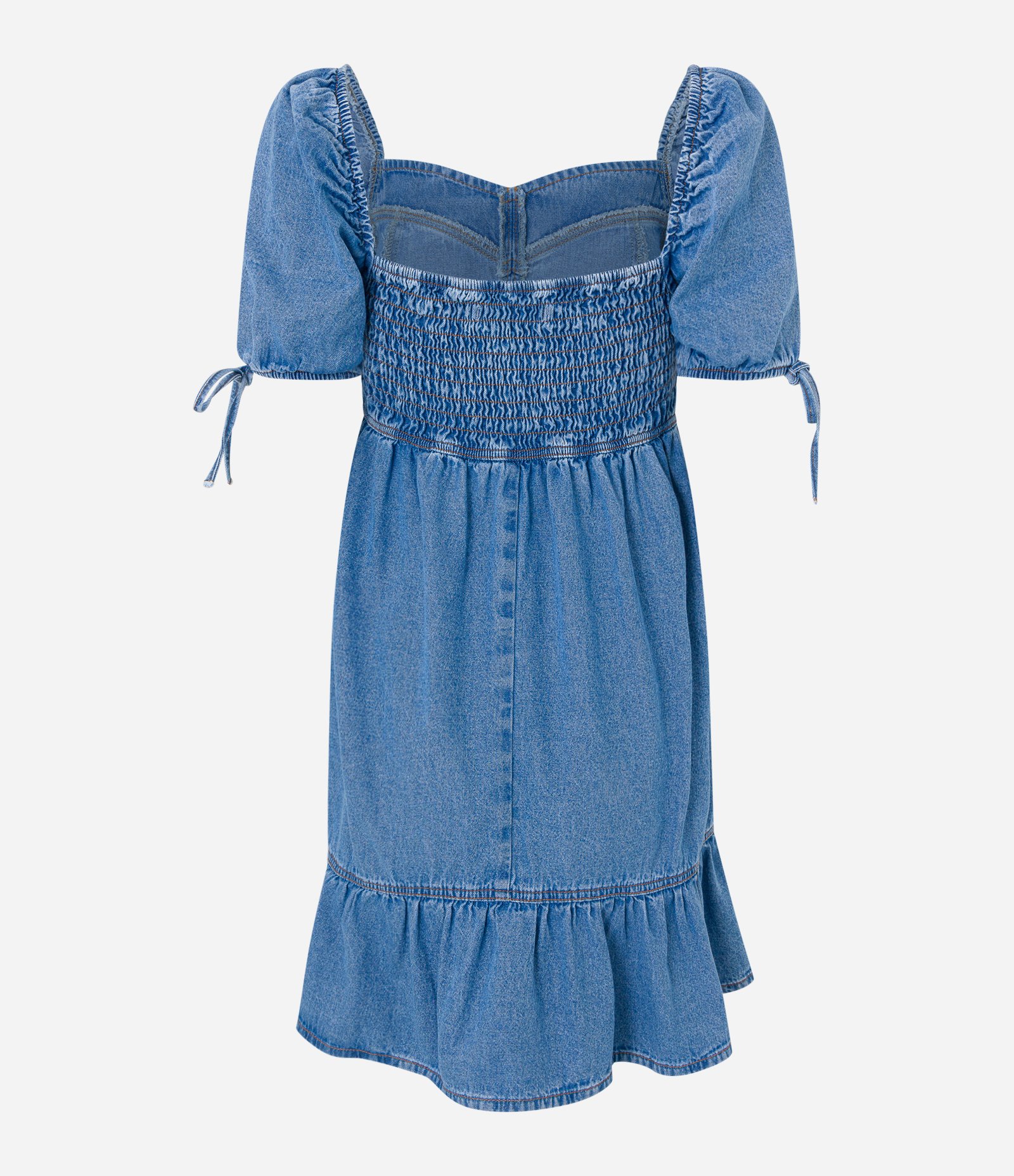 Vestido Curto em Jeans com Manga Bufantes e Babados na Barra Jeans Médio 6