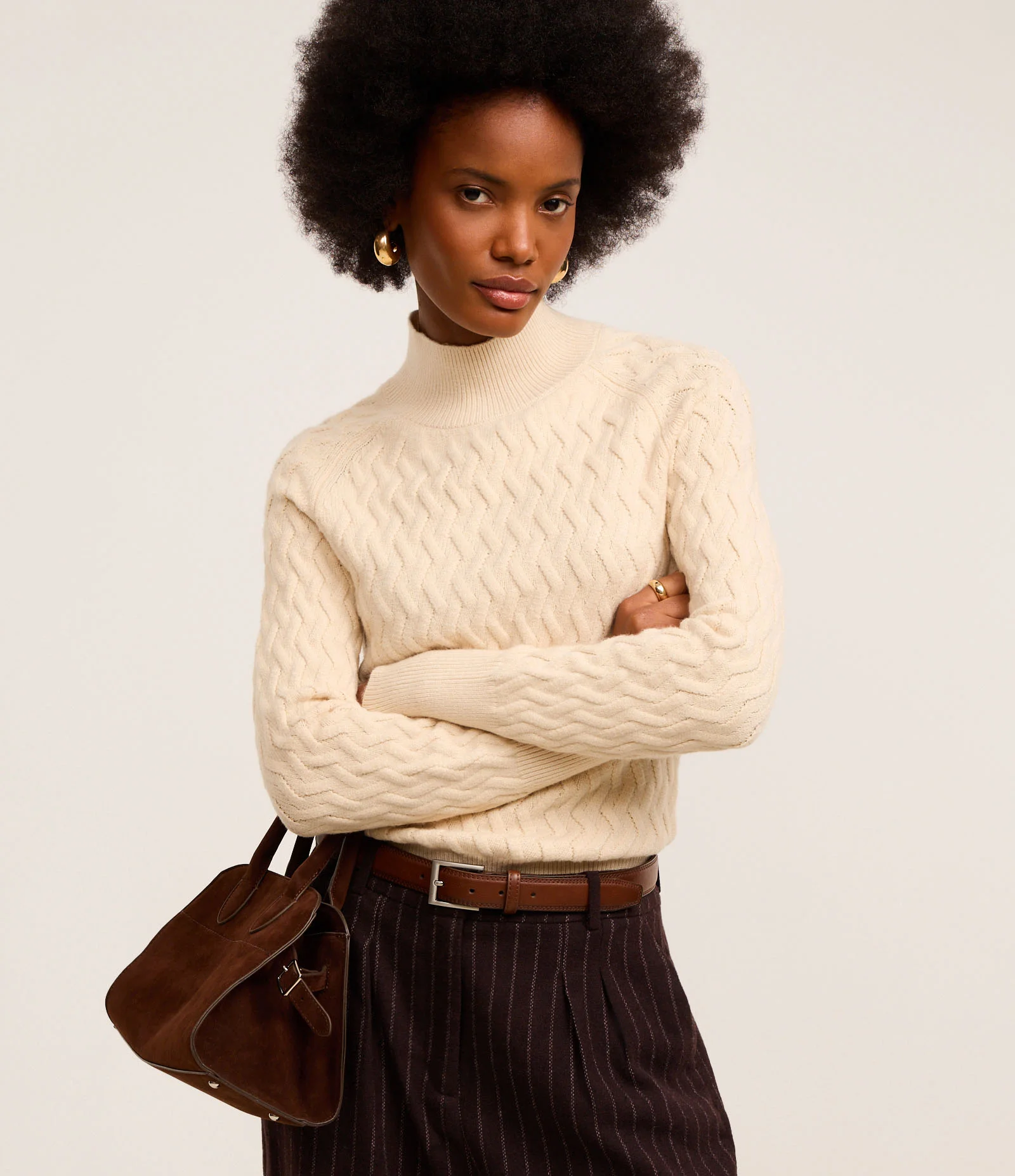 Suéter em Tricô com Textura Zig Zag Bege 1