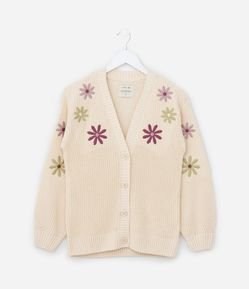 Cardigan Infantil em Tricô com Bordado Floral - Tam 5 a 14 Anos