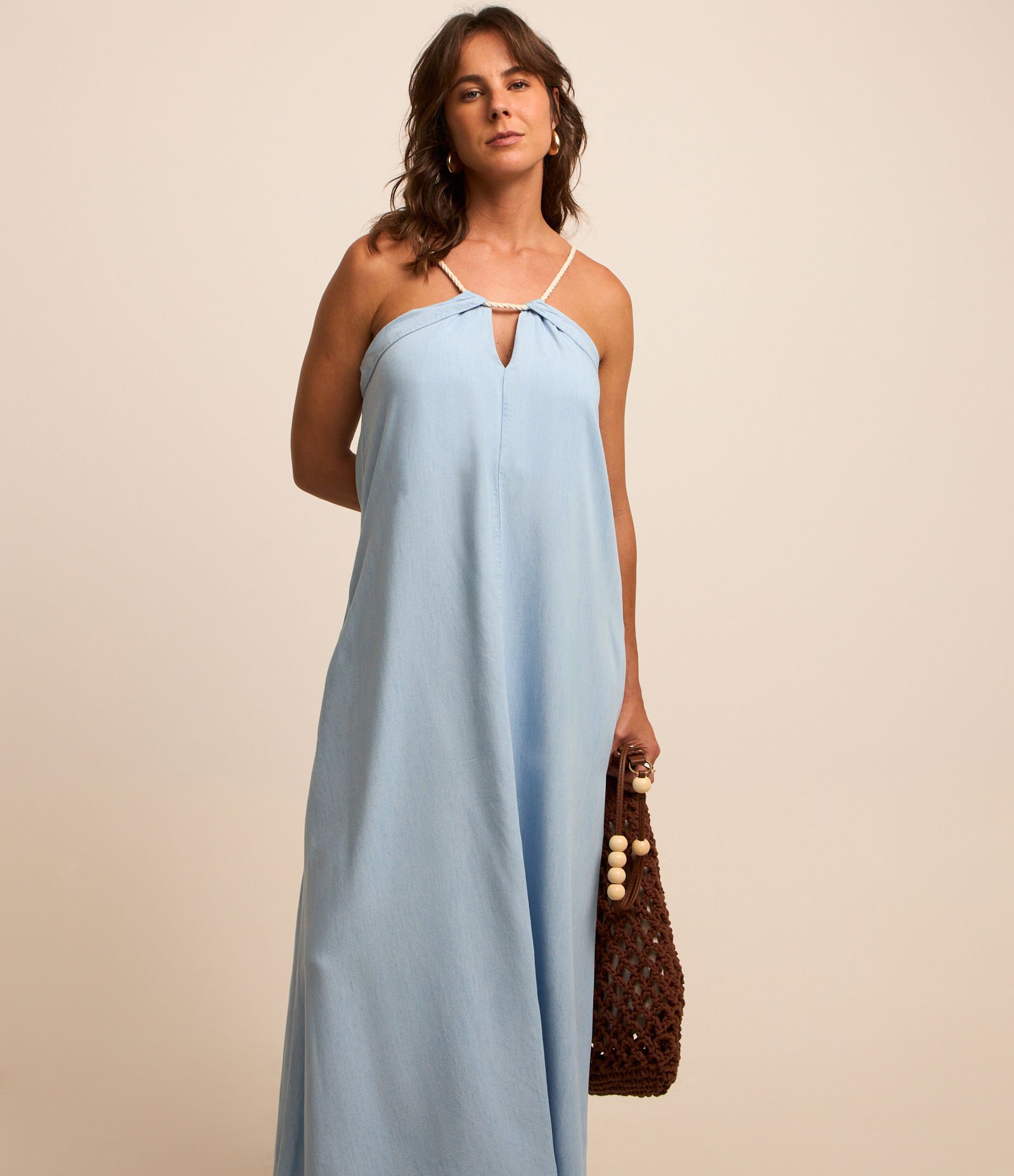 Vestido Longo Jeans com Alças em Corda Azul 2