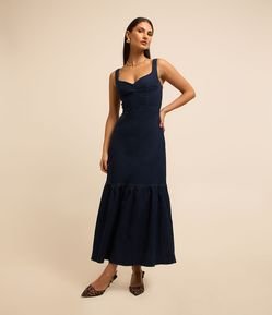 Vestido Longo Jeans com Babado na Barra e Lastex nas Costas
