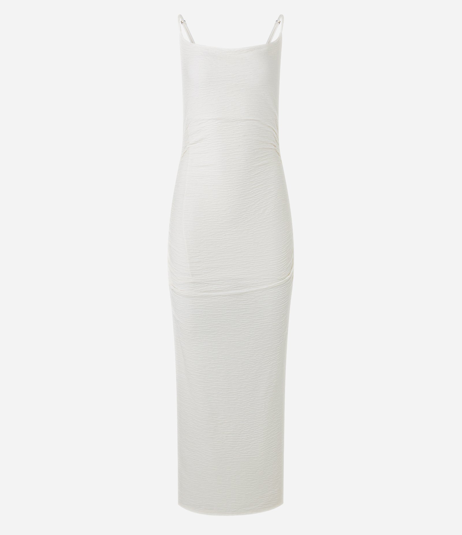 Vestido New Midi Texturizado com Decote Degage e Franzido Lateral Branco 5