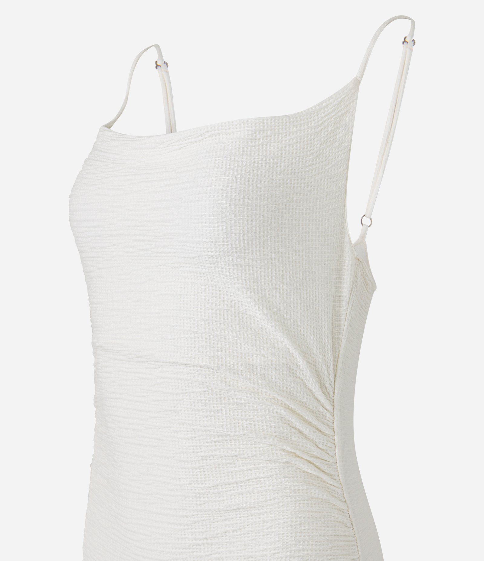 Vestido New Midi Texturizado com Decote Degage e Franzido Lateral Branco 6