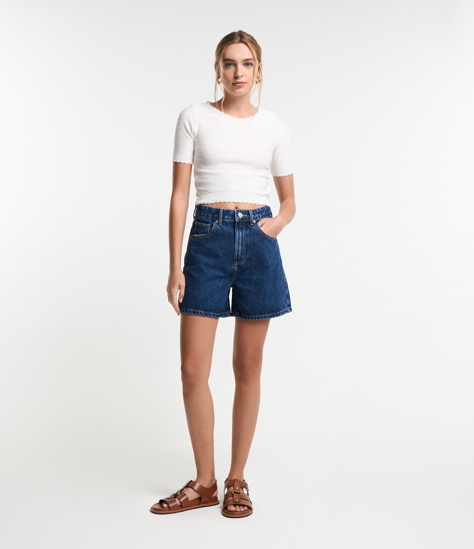 Short Mom em Jeans com Cintura Alta Azul Escuro 1
