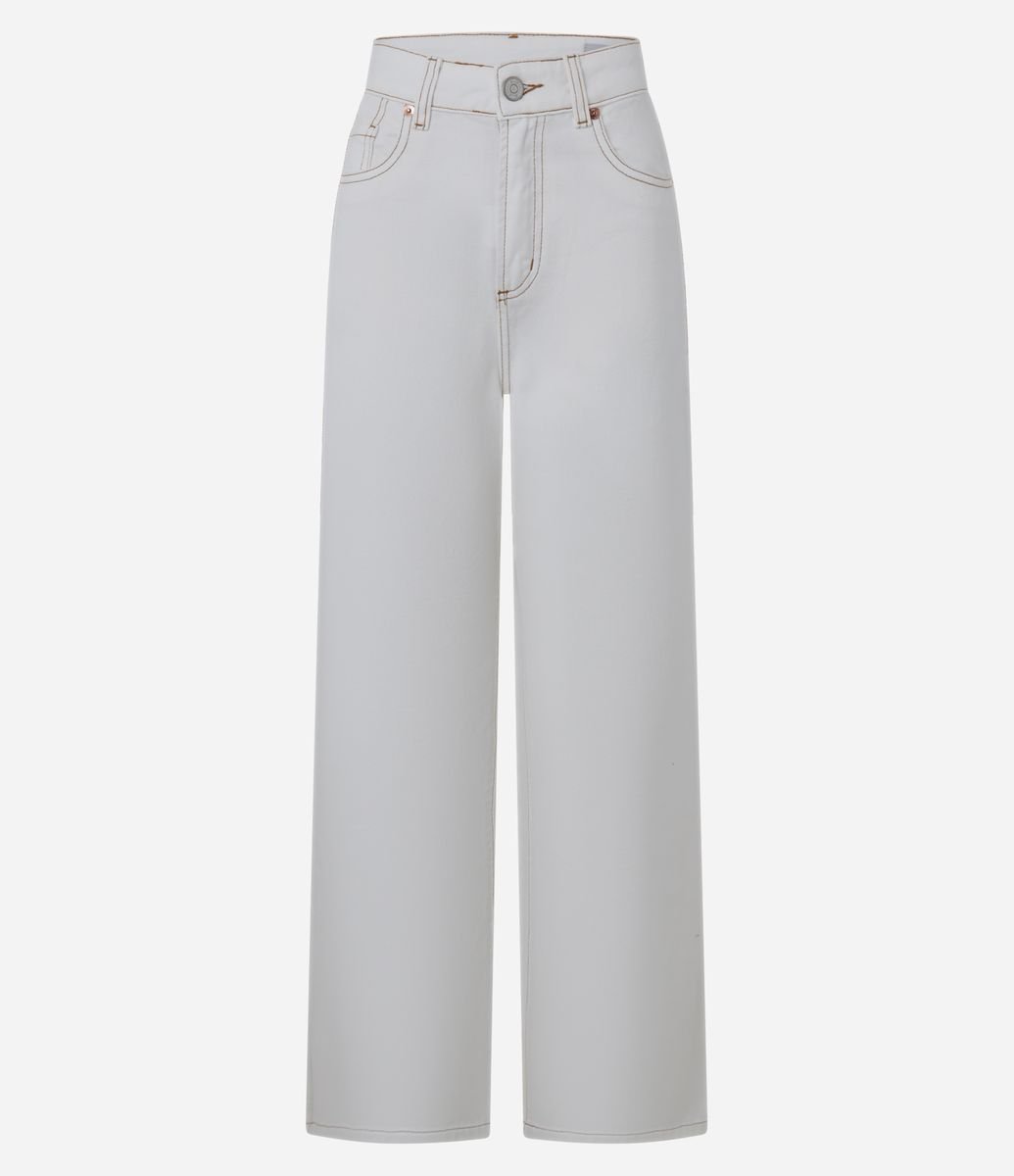 Calça Wide Leg em Sarja com Pespontos Contrastantes Branco