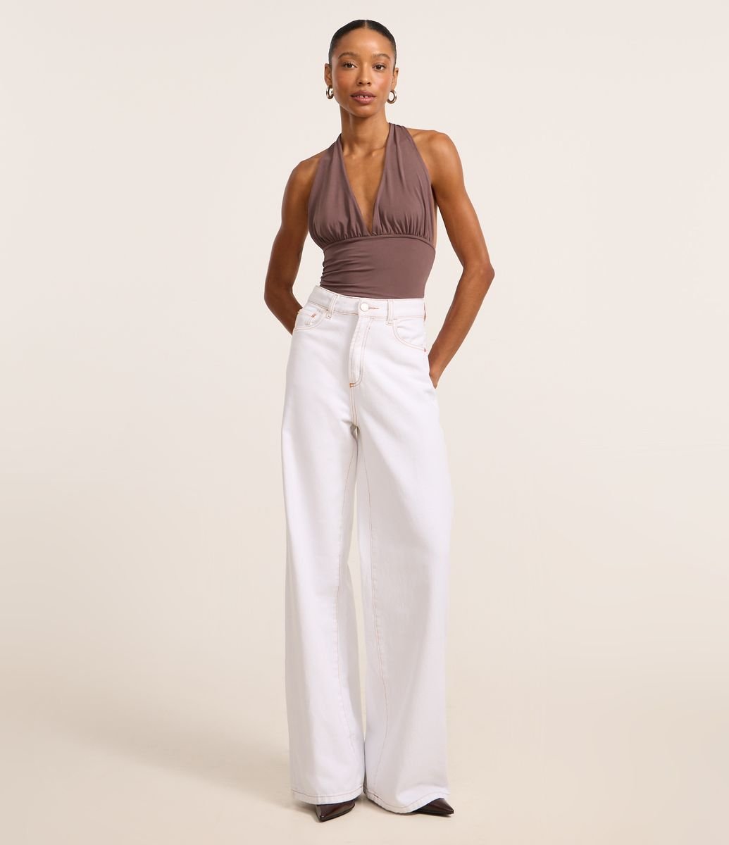 Calça Wide Leg em Sarja com Pespontos Contrastantes Branco